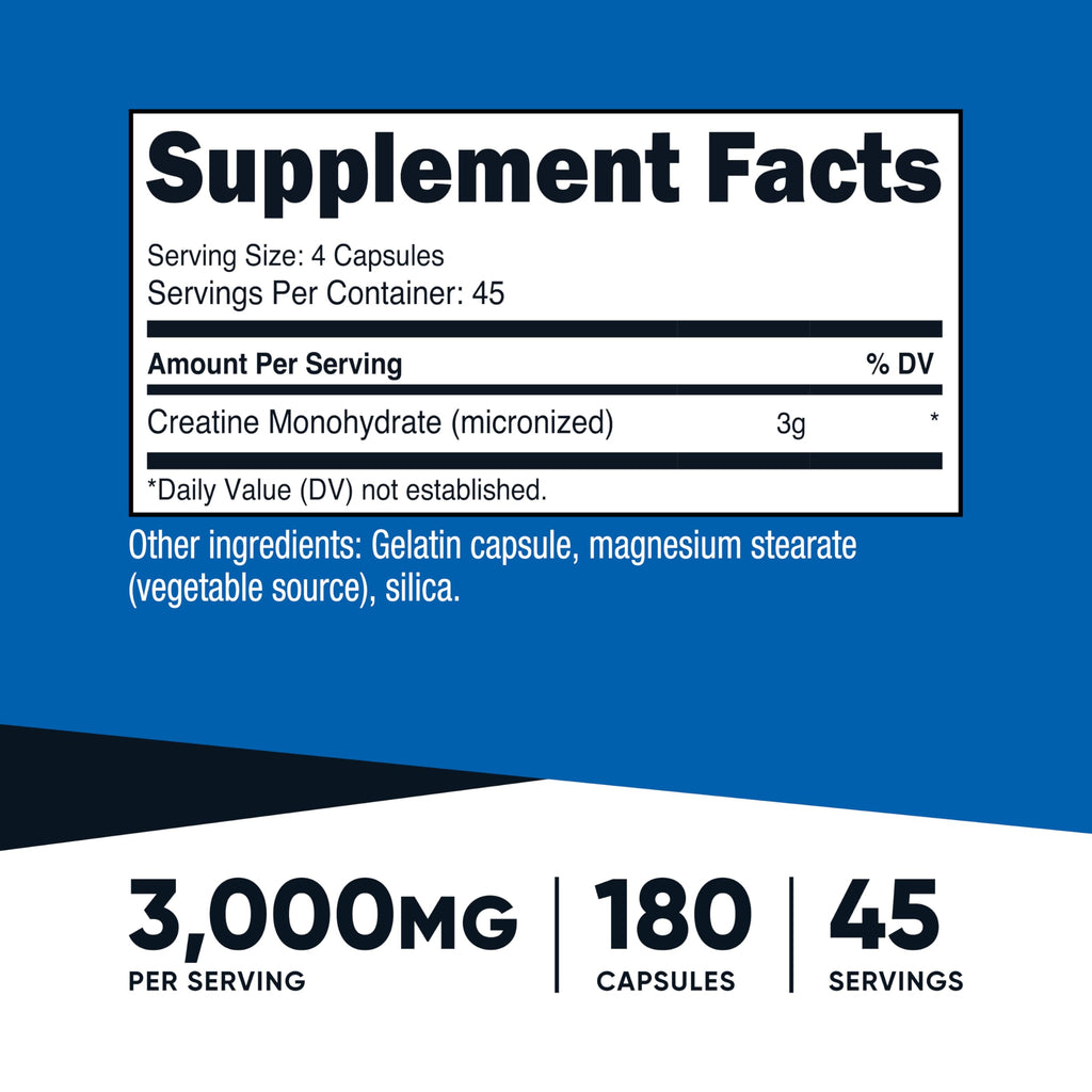 Nutricost Creatine Monohydrate 3,000mg, 180 Capsules (750mg Per Capsule) - Gluten Free, Non-GMO NutricostBuy Supplements Australia
