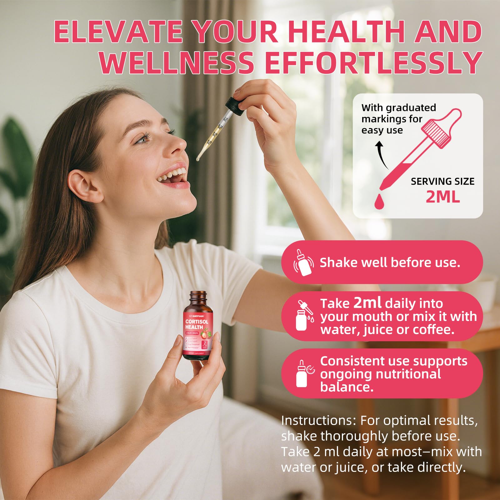GZ HAOYUAN Cortisol Supplement Liquid Drops for Women and Men with Magnesium, Ashwagandha, L-theanine, Phosphatidylserine for Lower Cortisol, Calm, Mood, Sleep Support - 2 FL.OZ, Strawberry GZ HAOYUANBuy Supplements Australia