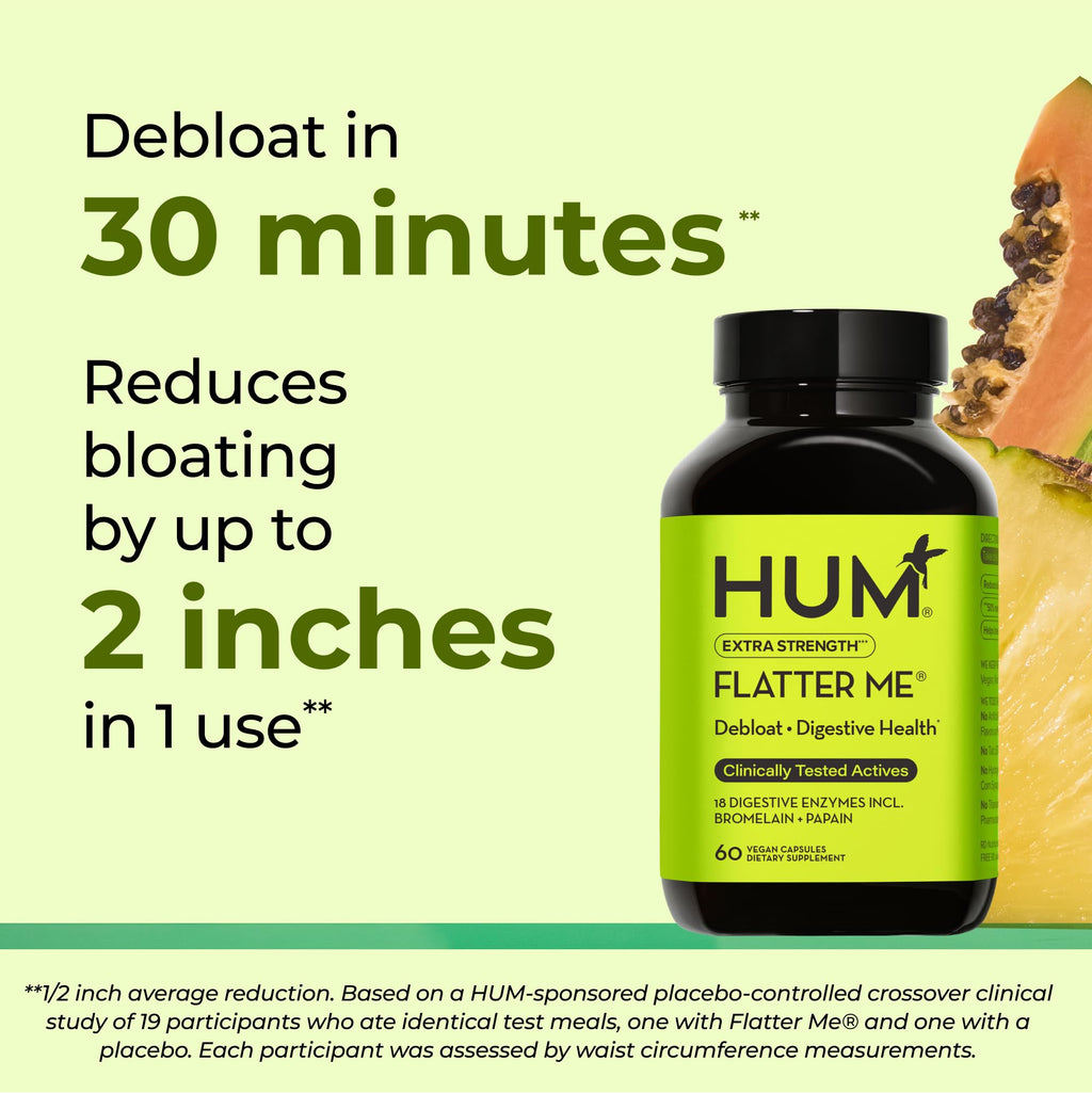 HUM Flatter Me Extra Strength Digestive Enzymes for Women, Men, Digestive Gut Bloating Supplement, Ginger, Peppermint Leaf, Fast Acting Anti Bloat