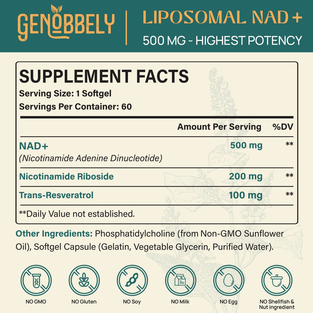 GENOBBELY 800 mg Liposomal NAD+ Supplement with Nicotinamide Riboside 200 mg, Trans-Resveratrol 100 mg - True NAD Supplement for DNA Repair, Healthy Aging, Brain Function - 60-Day Supply GENOBBELYBuy Supplements Australia