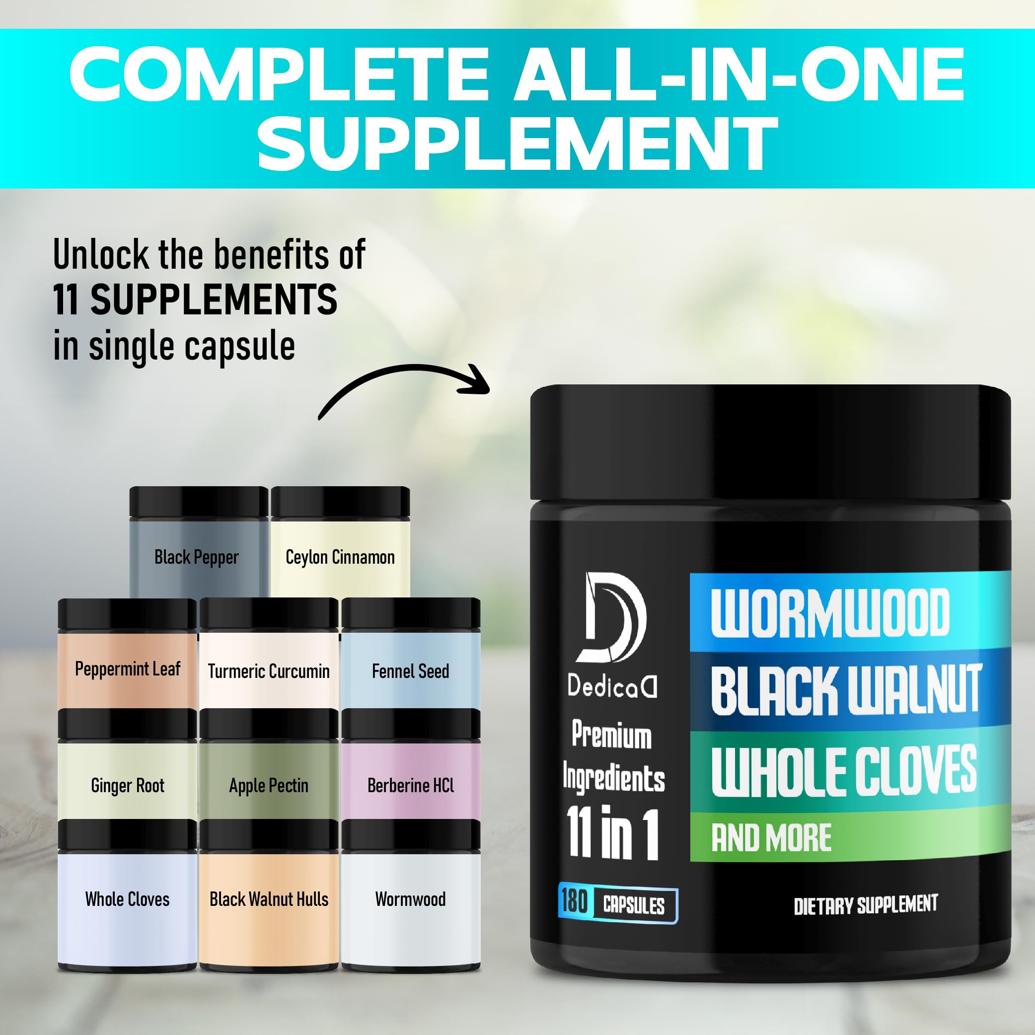 DEDICAD 11in1 Wormwood Capsules - 180 Capsules Extracted from Black Walnut, Cloves, Ginger, Turmeric, Apple, Berberine HCl & More - Support Immune System for 3 Months DEDICAD buy supplements Au
