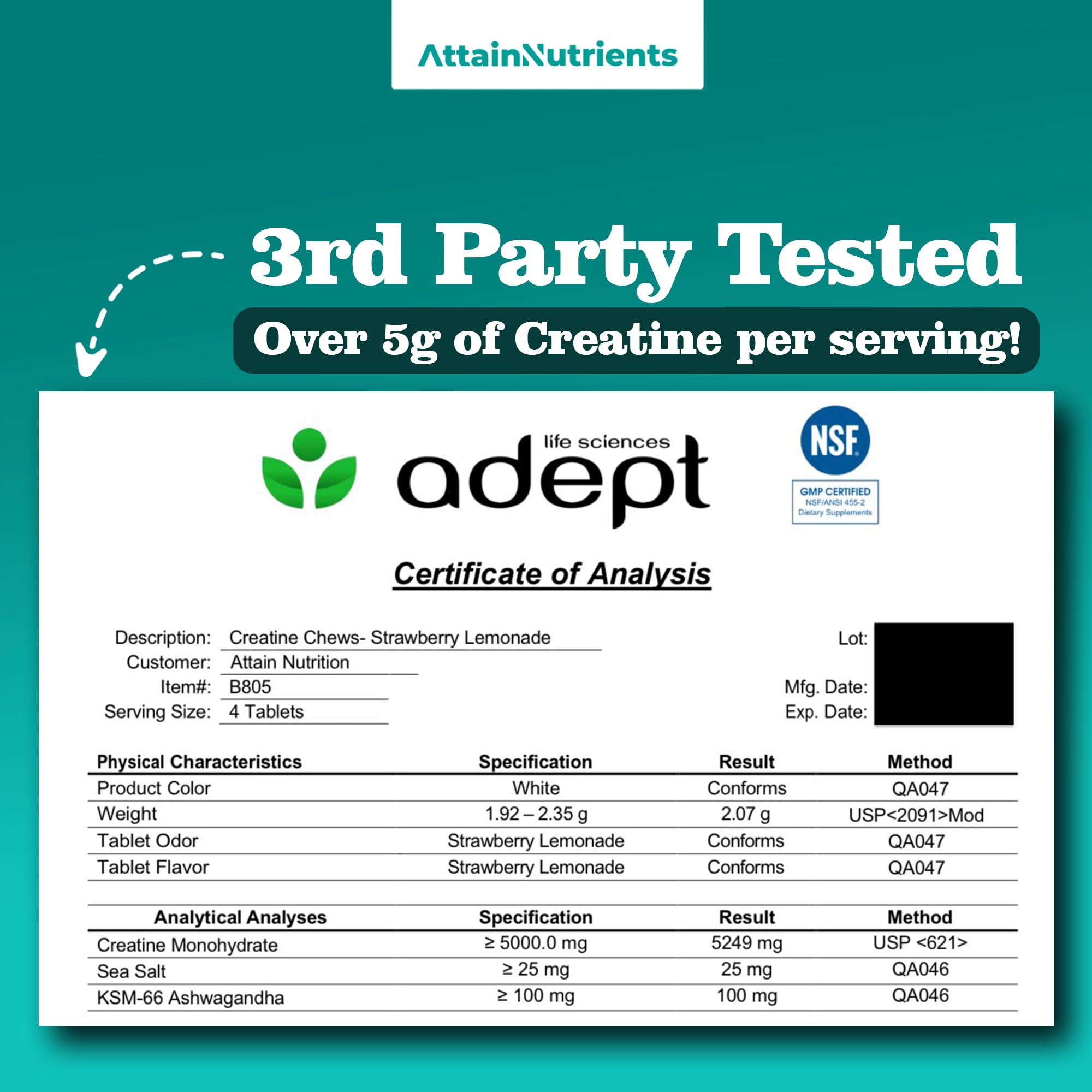 Creatine Chews - 5000mg Creatine Monohydrate Tablets for Men & Women with Ashwagandha KSM-66 - Low Sugar Muscle Support & Cognitive Boost - Gummy Alternative - 120 Count (Strawberry Lemonade) Attain NutrientsBuy Supplements Australia