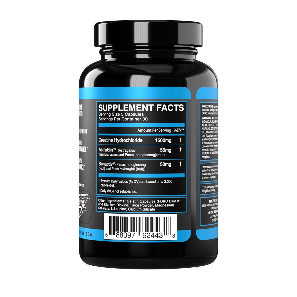 eFlow Creatine Capsules, HCL Creatine Pills - Creatine Supplement for Men & Women, Muscle Builder, Endurance, Strength, with AstraGin and Senactiv (1500mg, 90 Capsules) eFlow NutritionBuy Supplements Australia