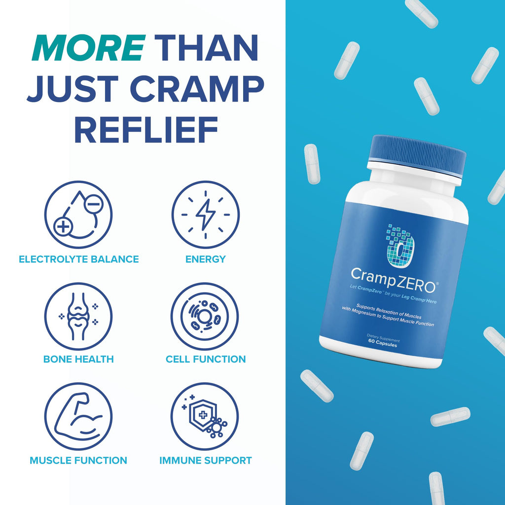 CrampZero Magnesium for Leg Cramps at Night – Potassium Magnesium Supplement with Calcium and Vitamin D3, Supports Muscle Relaxation and Function, Night Leg Cramps Relief, 60 Capsules CrampZeroBuy Supplements Australia