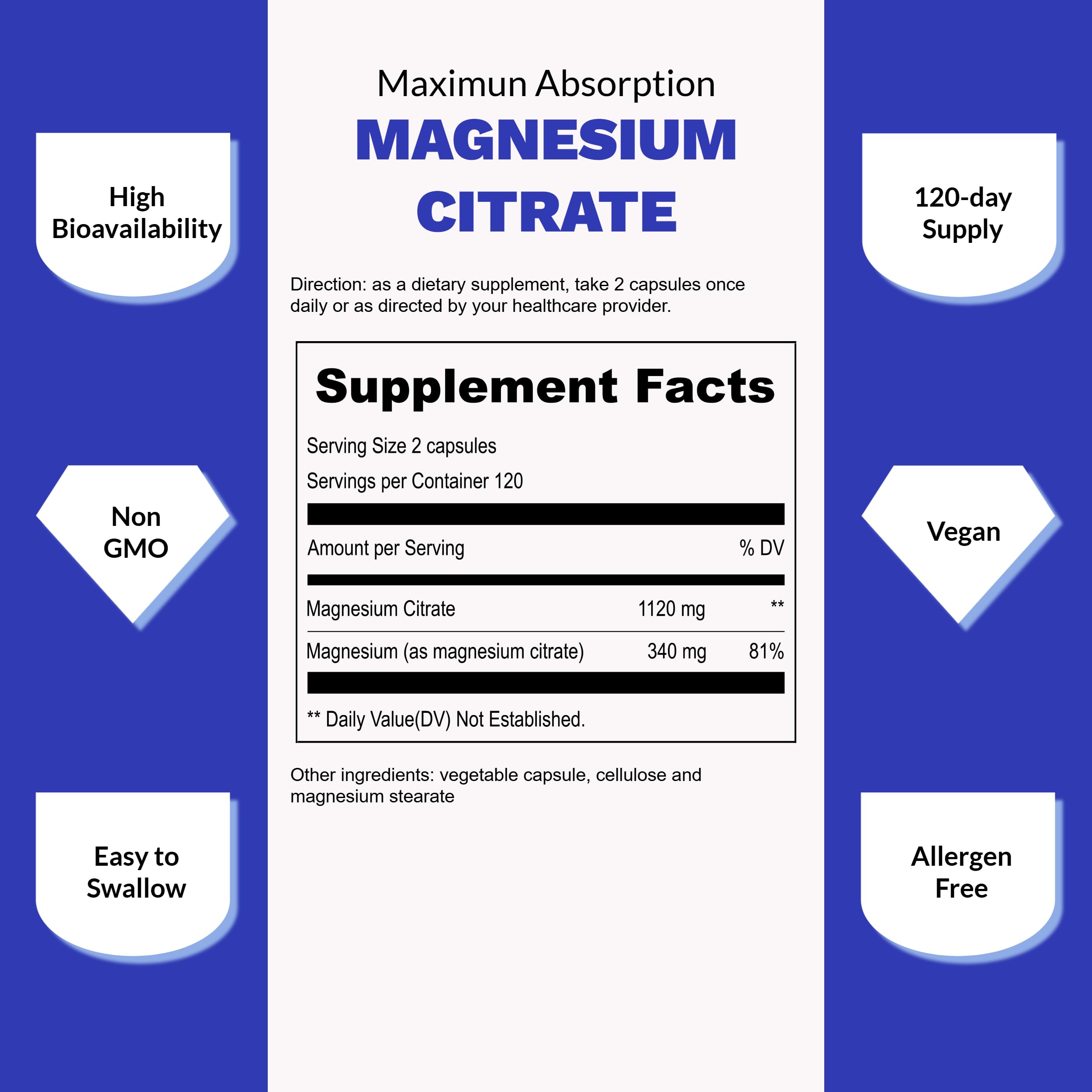 UpNourish Pure Magnesium Citrate (Citrato de Magnesio) 1120mg, 240 Capsules - High Absorption Magnesium Supplement for Women & Men - Natural Calm Magnesium for Constipation, Relax, Cramp Defense UpNourishBuy Supplements Australia