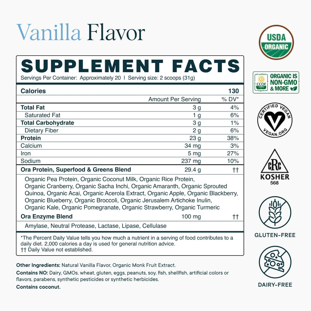 Ora Organic Plant-Based Protein Powder - 23g Protein for Women and Men - Vanilla Flavor 20 Servings, Vegan, Clean Protein