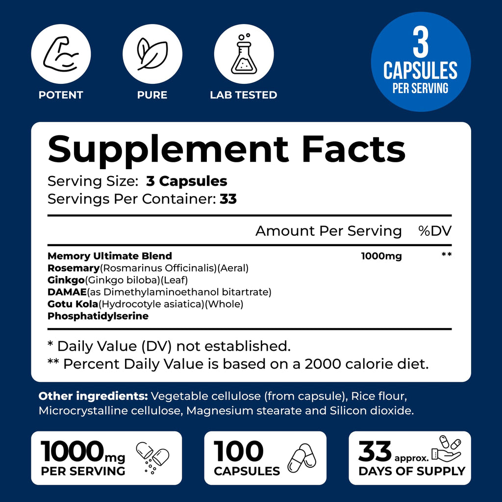 We Like Vitamins Phosphatidylserine Supplement with Gingko Biloba, Gotu Kola, DMAE - Improves Focus, Memory, Cognitive Function - Soy-Free 1000mg Memory Ultimate Complex - 100 Easy-to-Swallow Capsules We Like VitaminsBuy Supplements Australia