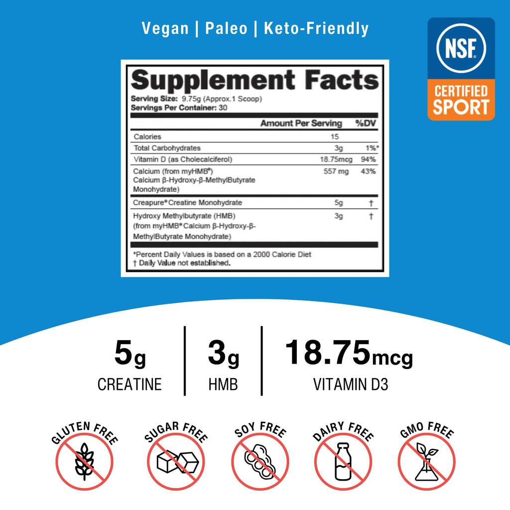 OptimalStack Creatine Monohydrate, HMB, & Vitamin D3 Stack | with Creapure Creatine, Clinical Dosage of myHMB, and Vitamin D3 | NSF for Sport Certified | Unflavored, 30 Servings OptimalAminoBuy Supplements Australia