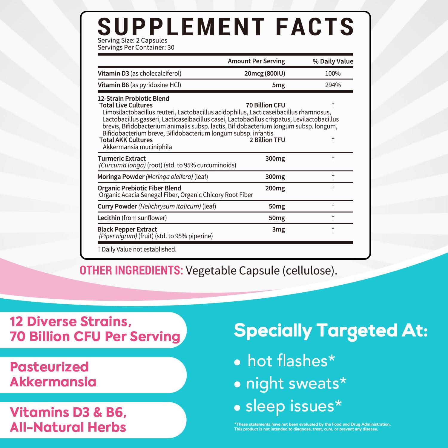 Surebounty Menopause Probiotic Supplement for Women, 70 Billion CFU, with Akkermansia Muciniphila, Vitamins B6 & D3, Botanicals, for Hormone Balance, Hot Flashes, Night Sweats, Gut Health, 60 Capsules SurebountyBuy Supplements Australia