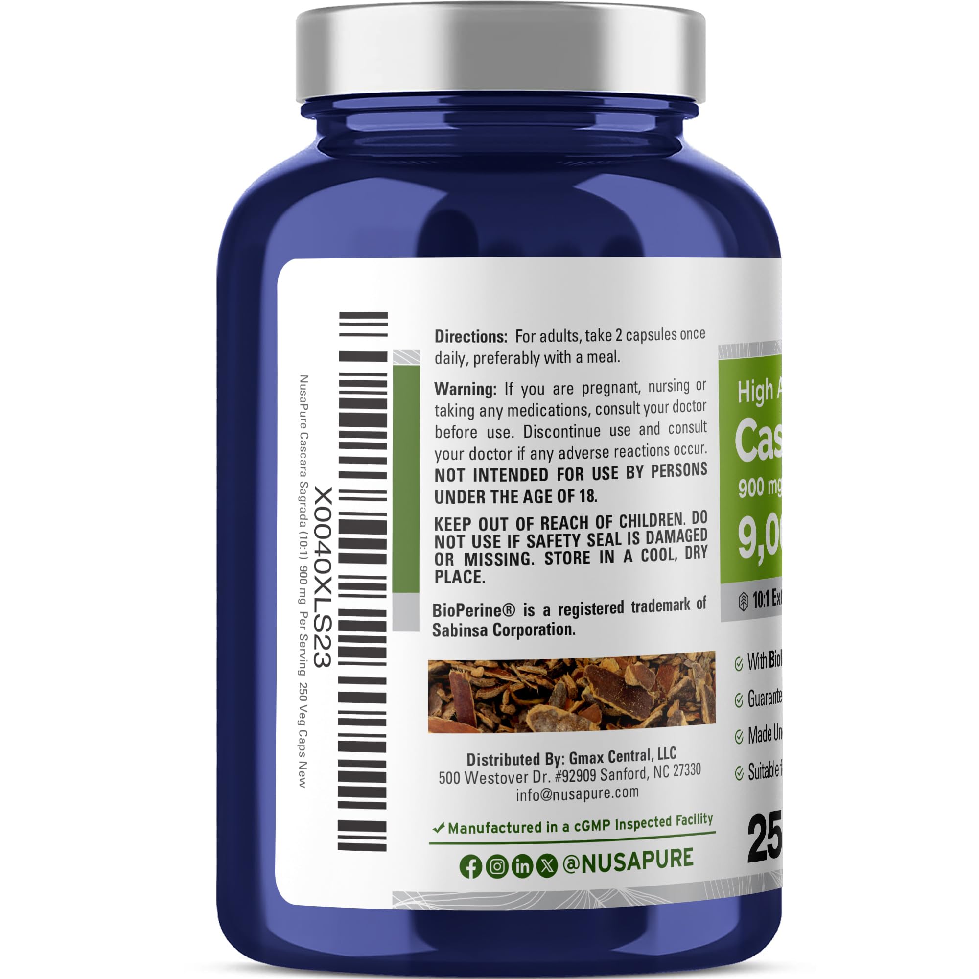 NusaPure Cascara Sagrada 10:1 Extract, 900 mg Equivalent to 9,000 mg per Veggie Caps - 250 Capsules (Non-GMO, Vegan) NusaPureBuy Supplements Australia