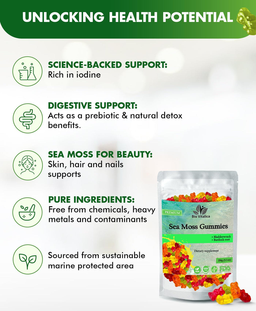 BIO VITALICA Sea Moss Gummies – with Bladderwrack & Burdock Root – Wildcrafted Gel + Powder – Vegan, Keto, Non-GMO, Gluten-Free – Fruity Mineral-Rich Gummies – 50 Count (3 Pack) BIO VITALICABuy Supplements Australia