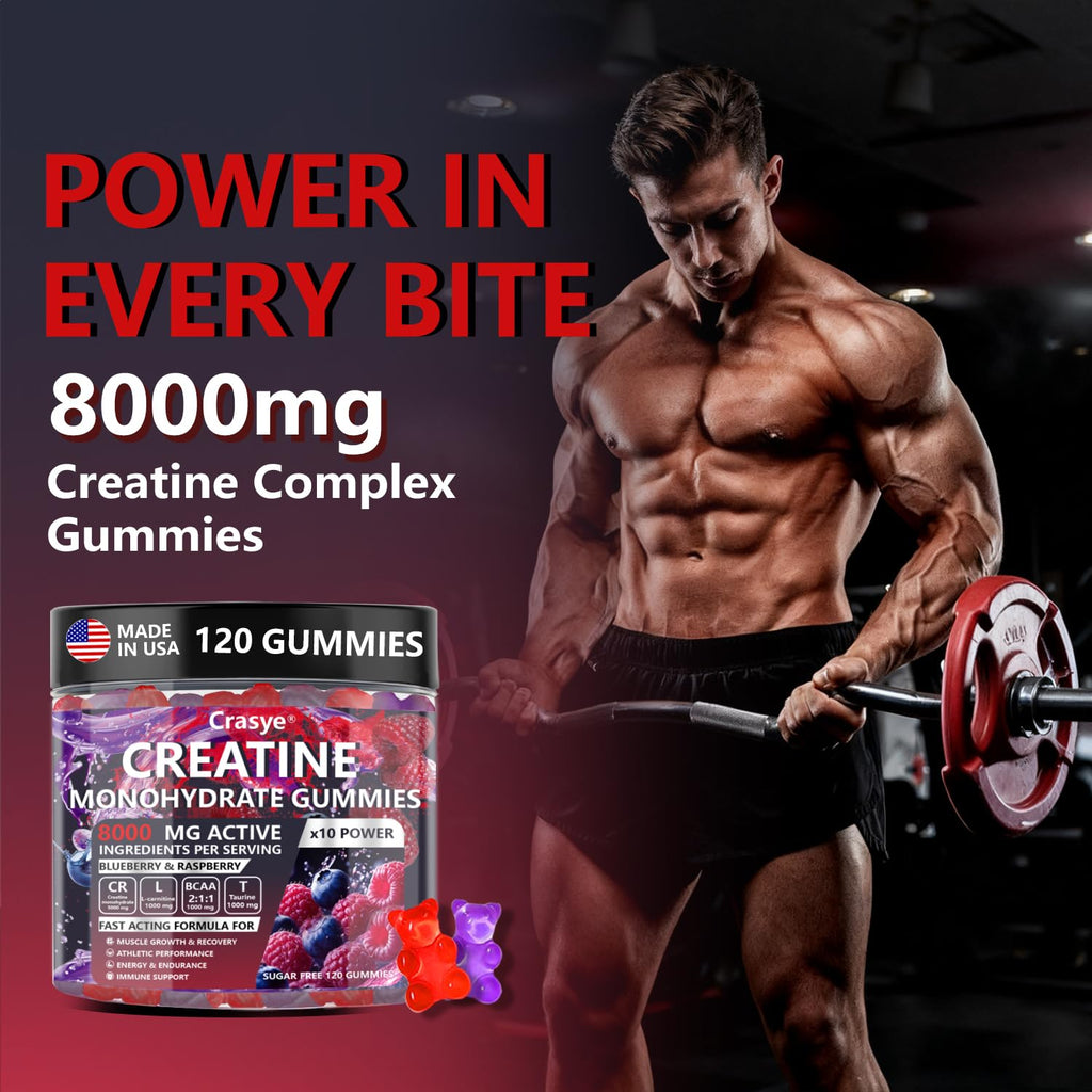 Crasye Creatine Gummies Complex 8000mg for Men and Women Creatine Monohydrate Gummy with BCAA Taurine for Muscle Strength and Energy Boost Sugar CrasyeBuy Supplements Australia