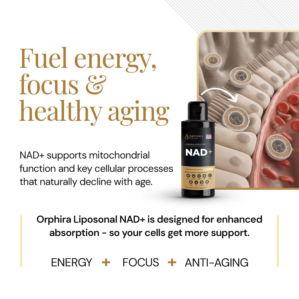 Orphira Liquid Liposomal NAD+ Supplement - 10x Better Absorption for Cellular Energy, Mental Clarity, Healthy Aging & Vitality Support - Enhanced NAD Plus, Vegan, Non-GMO - 30 Servings (4 fl oz) Orphira NutritionBuy Supplements Australia