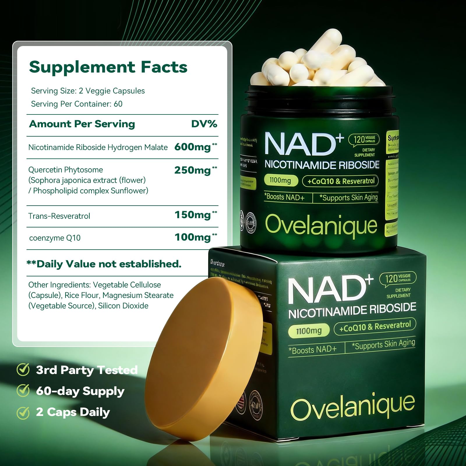 Ovelanique NAD Supplement with Nicotinamide Riboside & Resveratrol |NMNH Supplement Alternative| NAD+ Complex with Quercetin Phytosome & CoQ10 | Liposomal Delivery,120 Capsules(Packaging May Vary) OvelaniqueBuy Supplements Australia