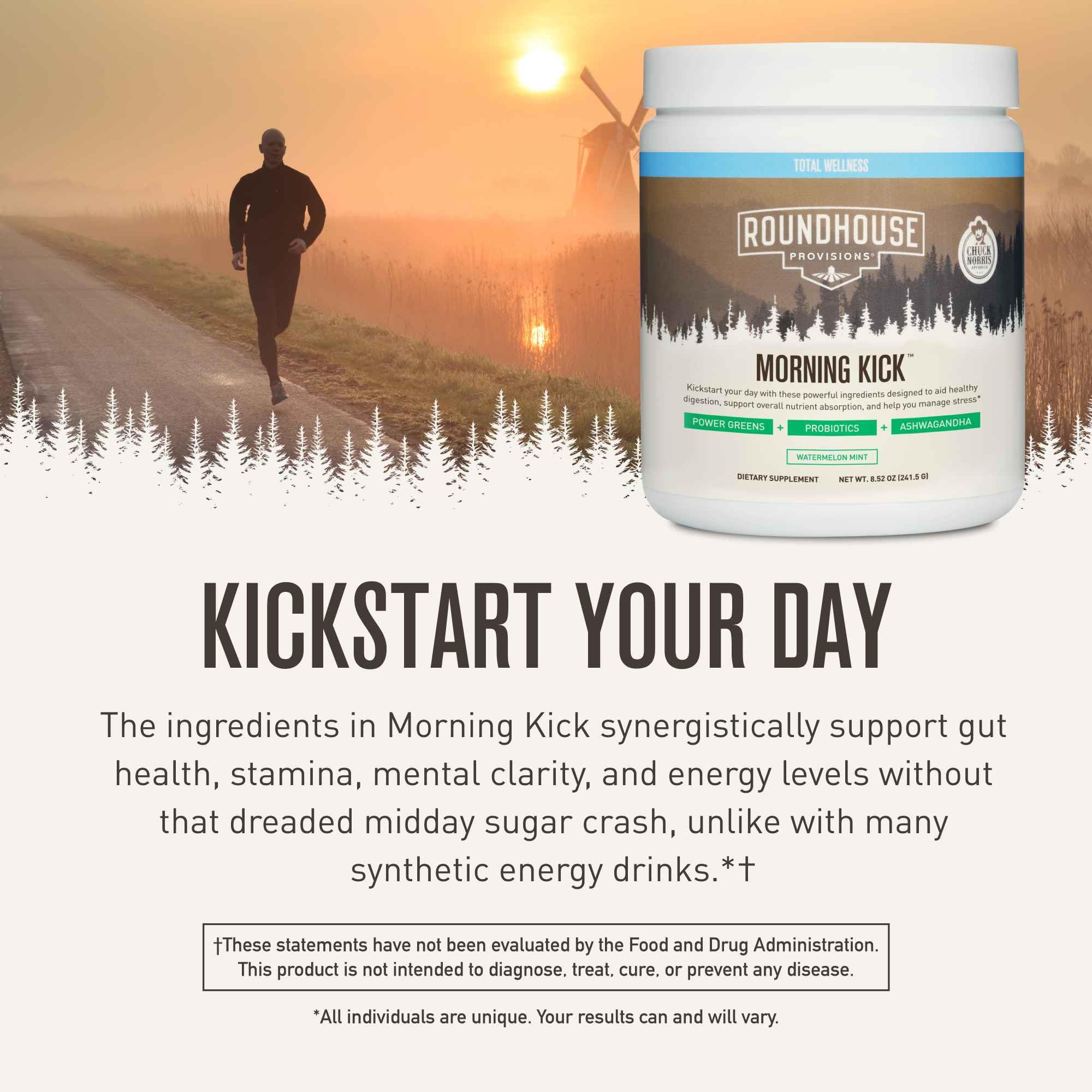 ROUNDHOUSE PROVISION Morning Kick by Chuck Norris - Watermelon Mint Flavor - Greens Superfood Powder with Probiotics, Collagen Peptides & Ashwagandha to Help Support Gut & Joint Health, 3 Pack ROUNDHOUSE PROVISIONBuy Supplements Australia