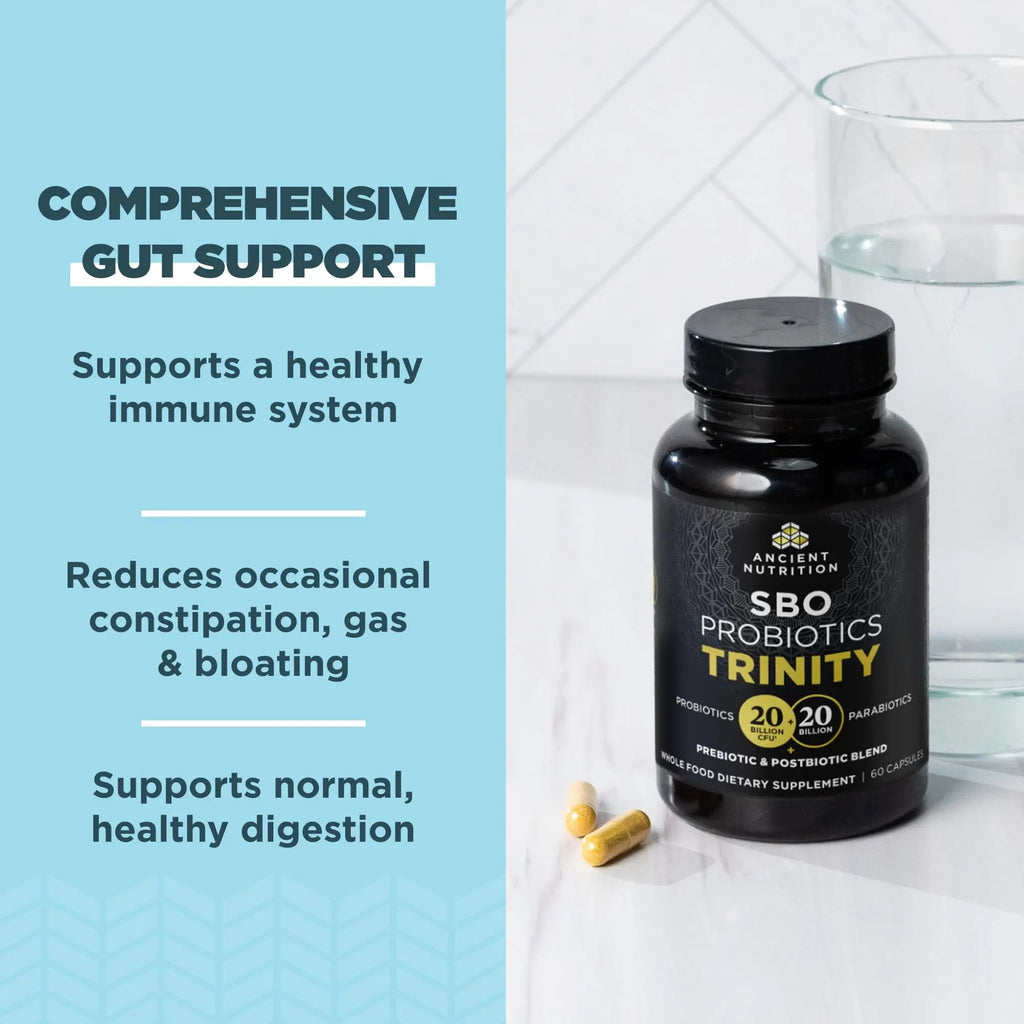 Ancient Nutrition SBO Probiotic Trinity Daily Care, Probiotics for Digestive Health, 40 Billion Blend of Prebiotics, Probiotics, Postbiotics, and Parabiotics Reduces Occasional Bloating, 60 Count Ancient NutritionBuy Supplements Australia