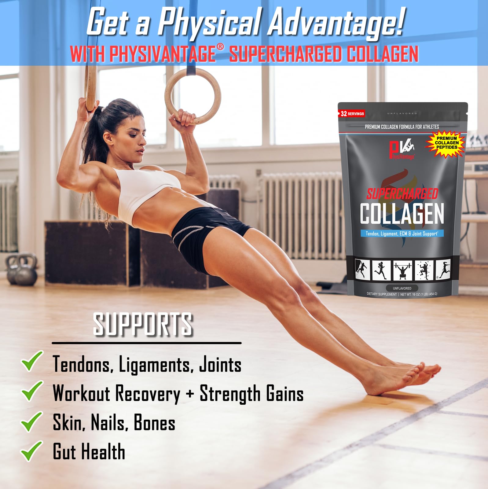 PhysiVantage Supercharged Collagen Peptides Powder - Hydrolyzed Collagen for Joint, Tendon, Ligament, & Skin Health Support - Peach Mango, Keto, Paleo, 16oz | Enhanced with Vitamin C, BCAAs, Grass-Fed PhysiVantageBuy Supplements Australia