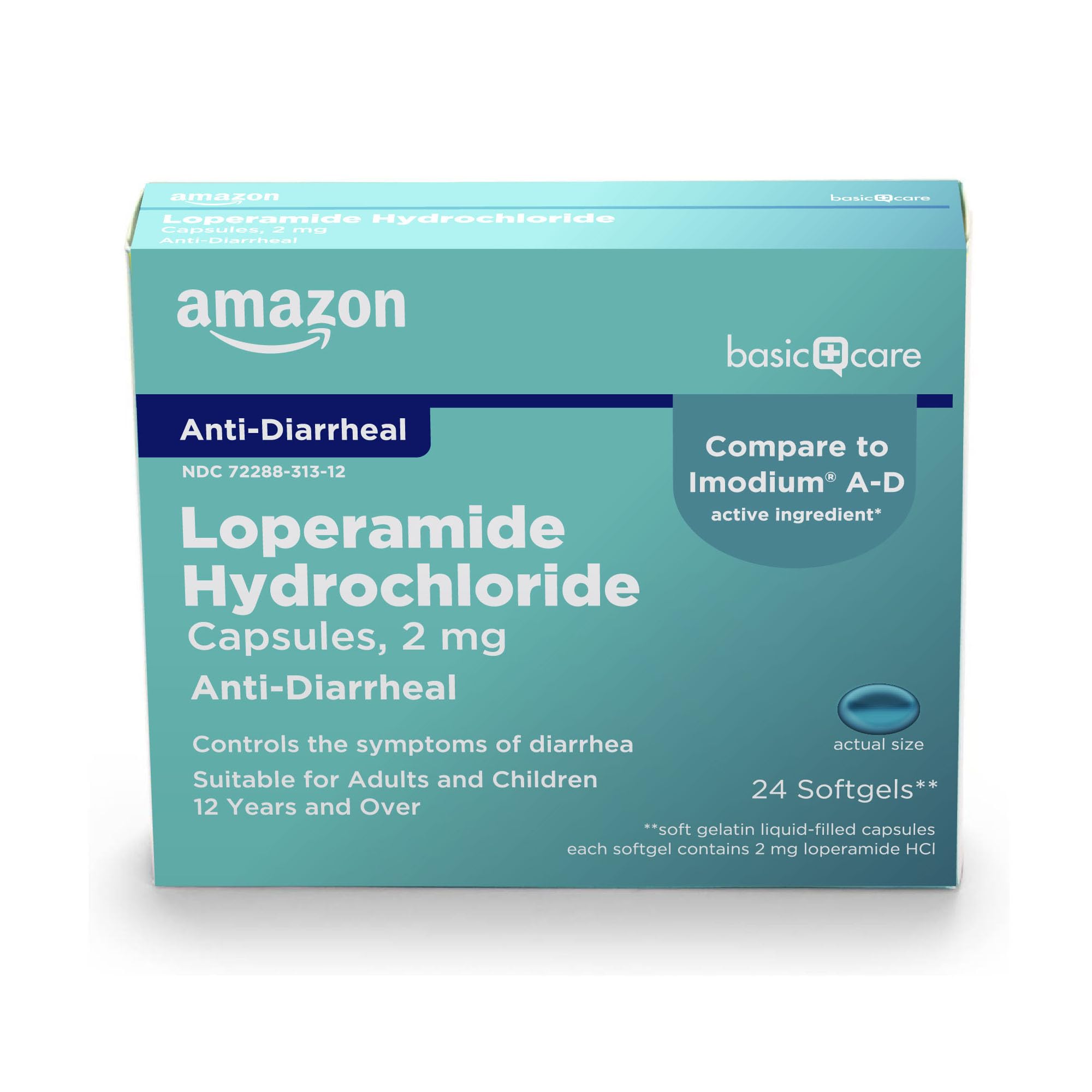 Amazon Basic Care Loperamide Hydrochloride packaging on a white background
