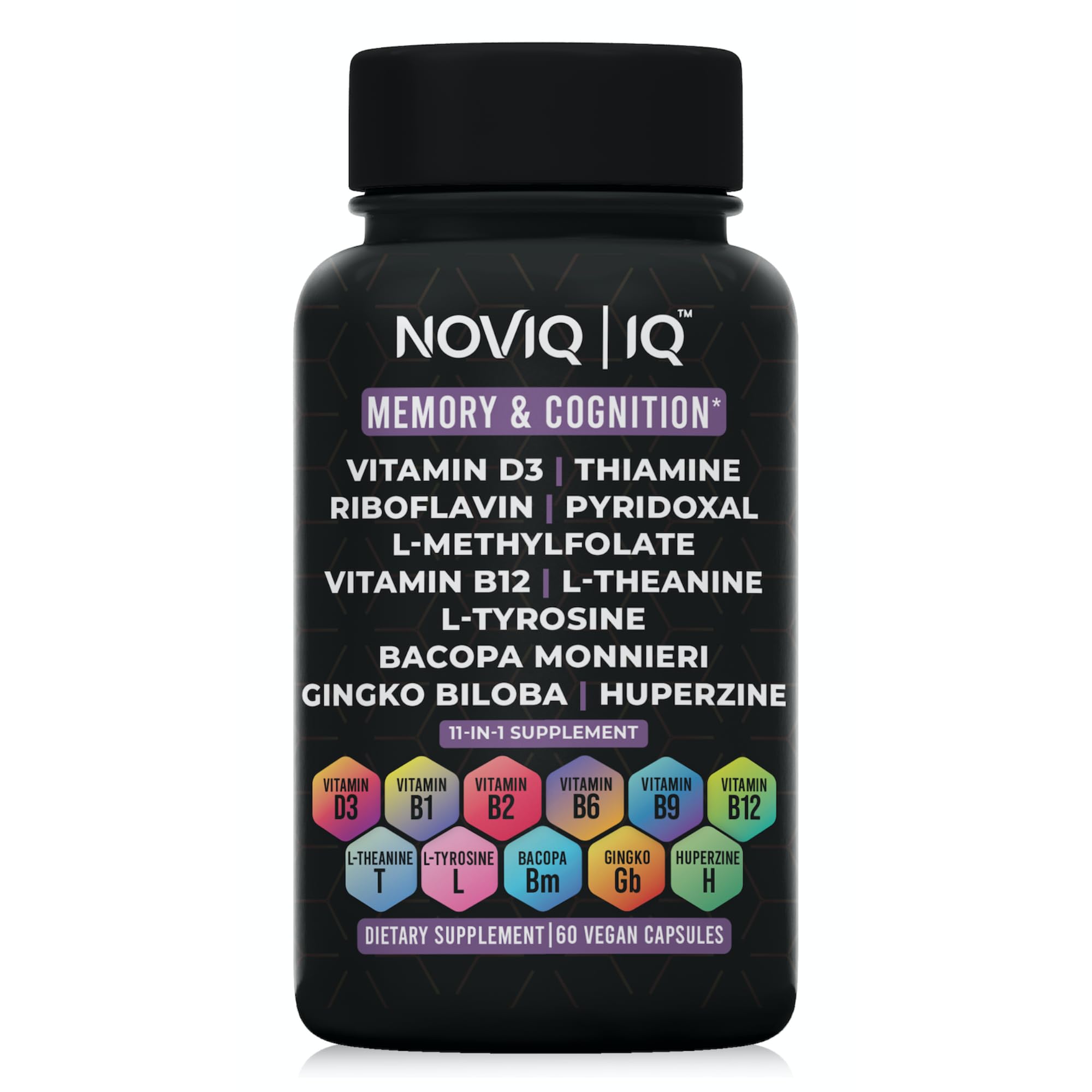 11-in-1 Supplement: Supports Memory & Cognition - 100mg Ginkgo 150mg Bacopa 300mcg Huperzine 200mg L-Theanine 150mg L-Tyrosine & Bioactive B-Complex