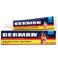 Two tubes of Derman athlete's foot treatment on a white background