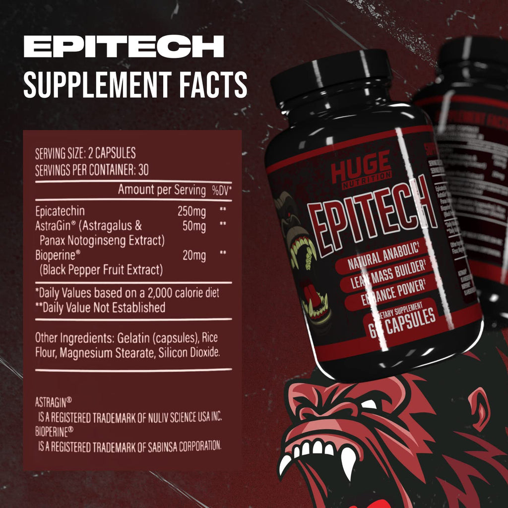 Huge Supplements, Epitech, Epicatechin Supplement, Increase Muscle Mass, Enhance Muscle Recovery & Boost Nitric Oxide, Enhanced Absorption Formula (60 Capsules)