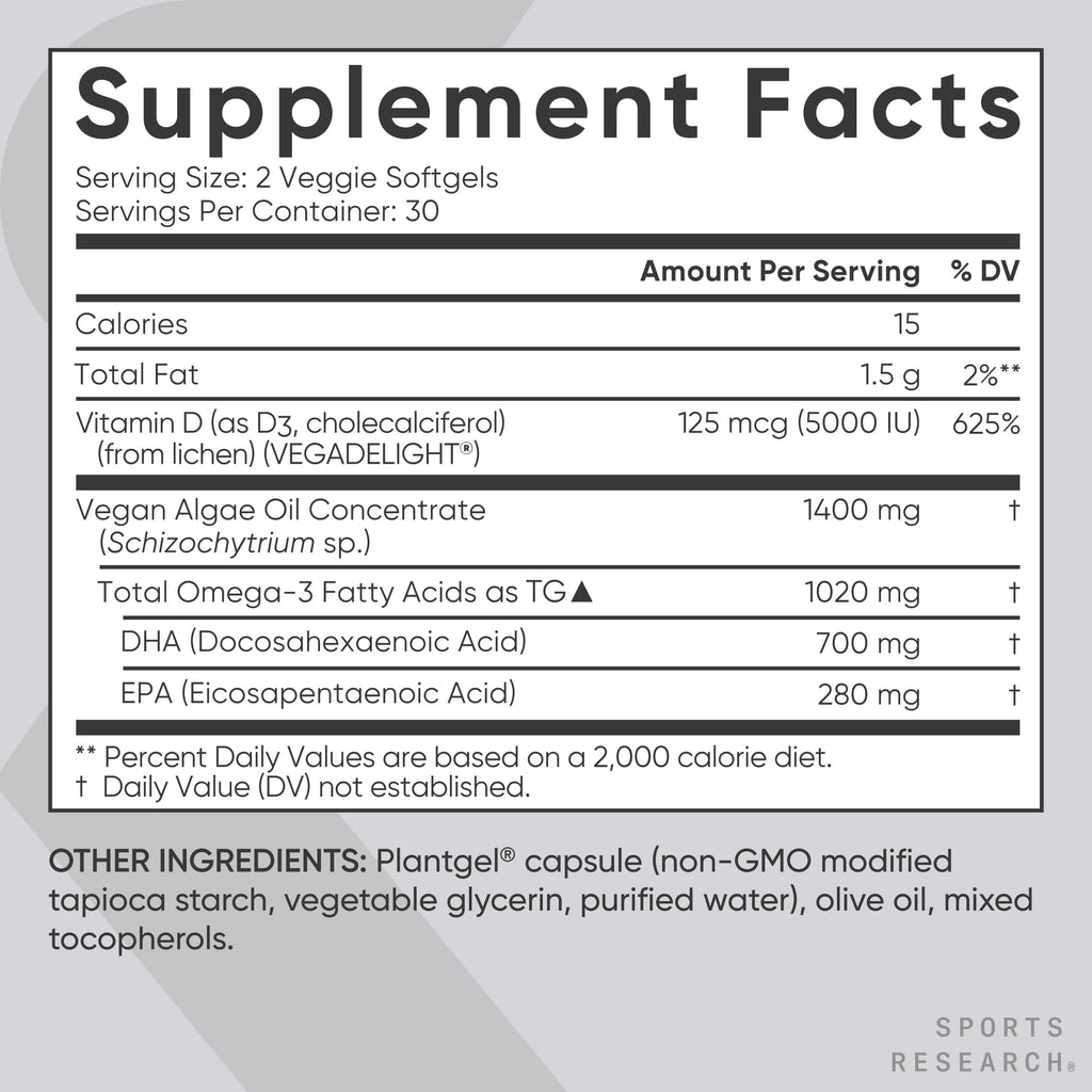 Sports Research Vegan Omega-3 with Vitamin D3 Softgels - 1020mg Omega-3 & 5000iu D3 Supplement - Fish Oil Alternative with Vitamin D Plant-Based Support from Algae Oil - 60 Veggie Softgels for Adults Sports Research buy supplements Au