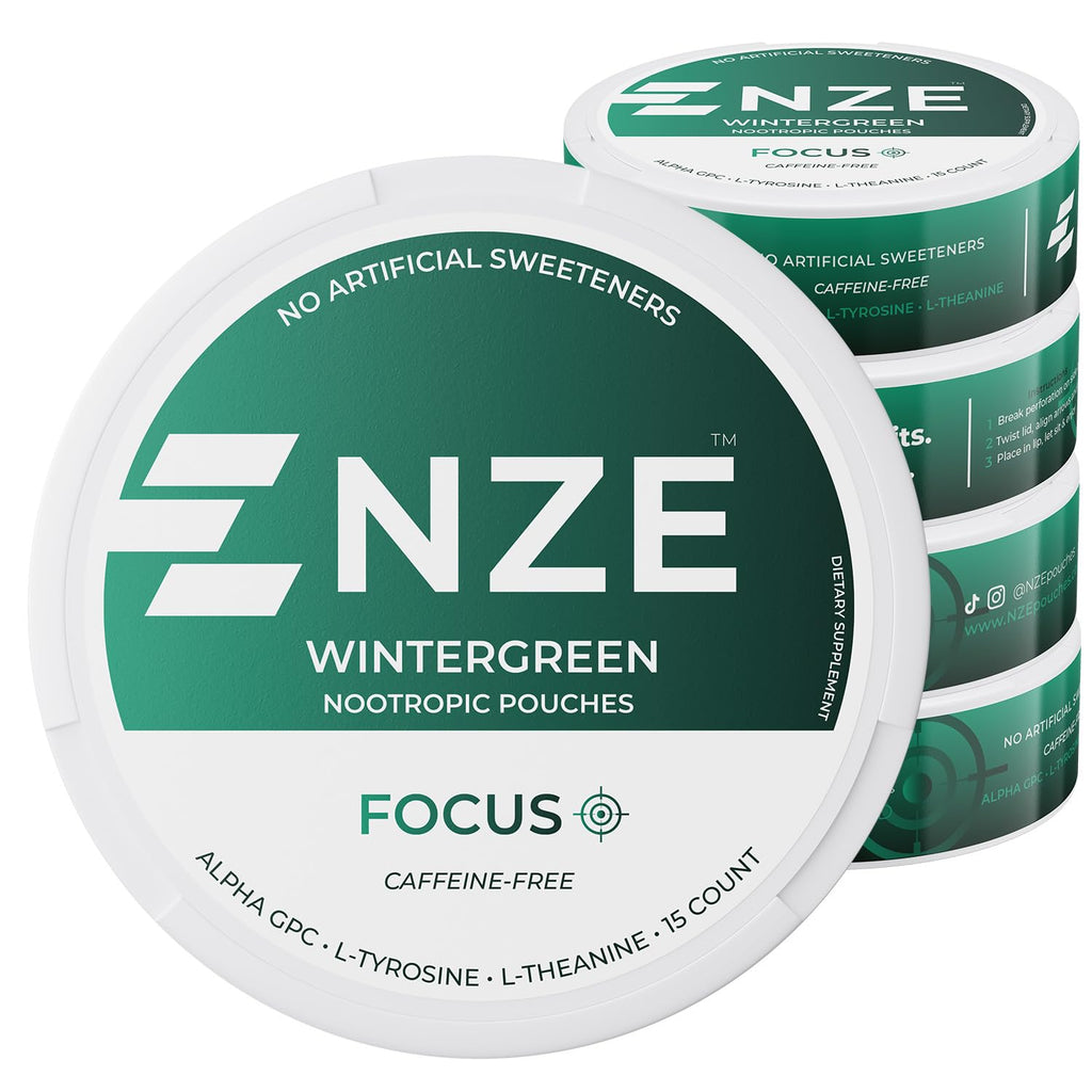 NZE Caffeine Free Nootropic Pouches (Wintergreen) - Nootropic Pouches with Alpha GPC, L-Tyrosine & L-Theanine - No Sugar or Artificial Sweeteners - 15 Pouches Per Can - 5 Pack NZEBuy Supplements Australia