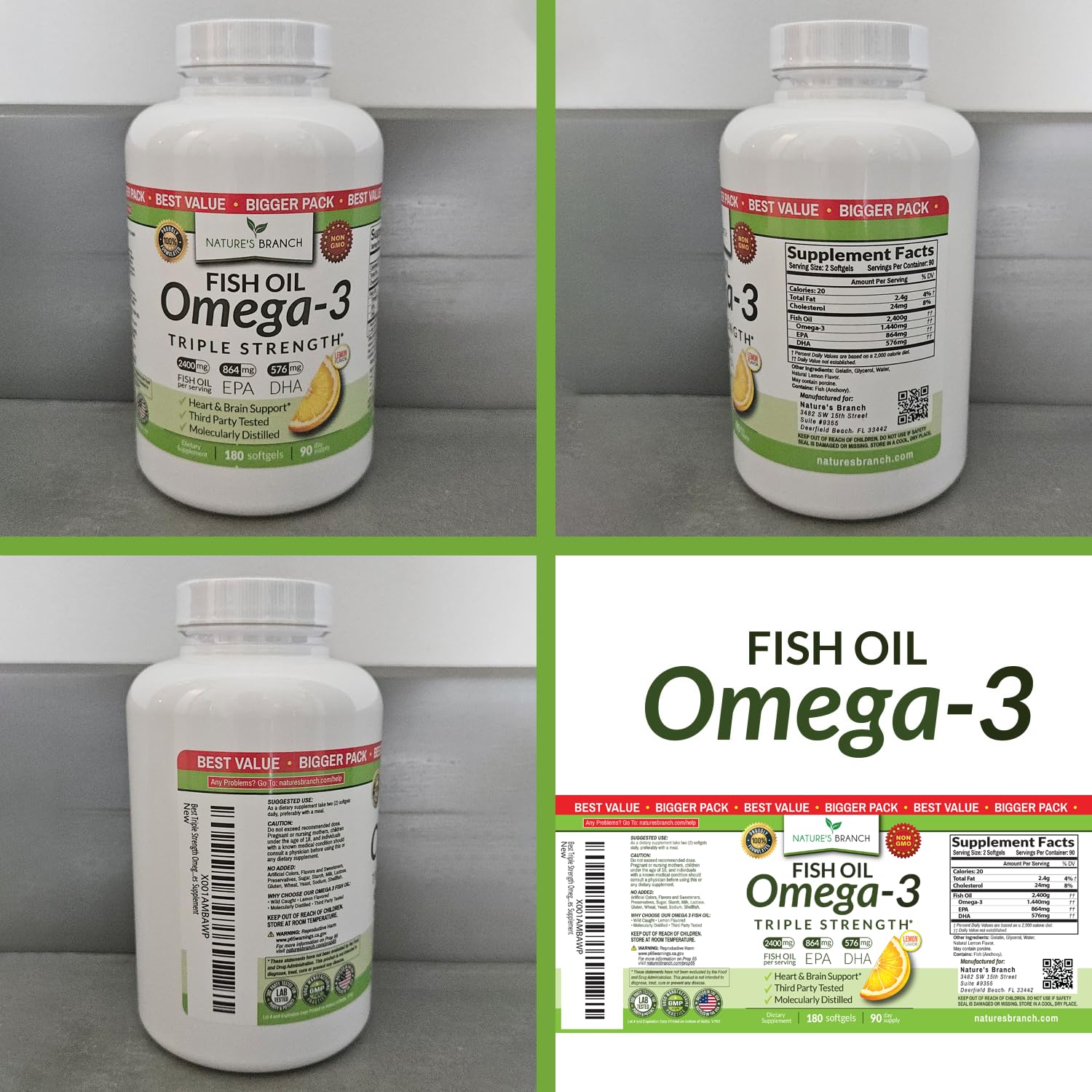 Triple Strength Omega 3 Fish Oil Supplements 2400mg | 180 Capsules, Burpless High Potency Lemon Flavor, High EPA DHA for Men & Women Ultra Pure Softgels