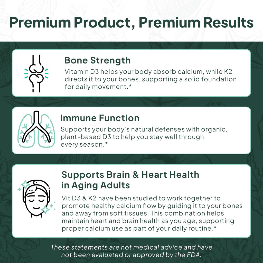 Organics Ocean Better D3 + K2-100% Organic VIT D3 and K2 Supplements with Maximum Bioavailability - Supports Bone Density, Calcium Balance