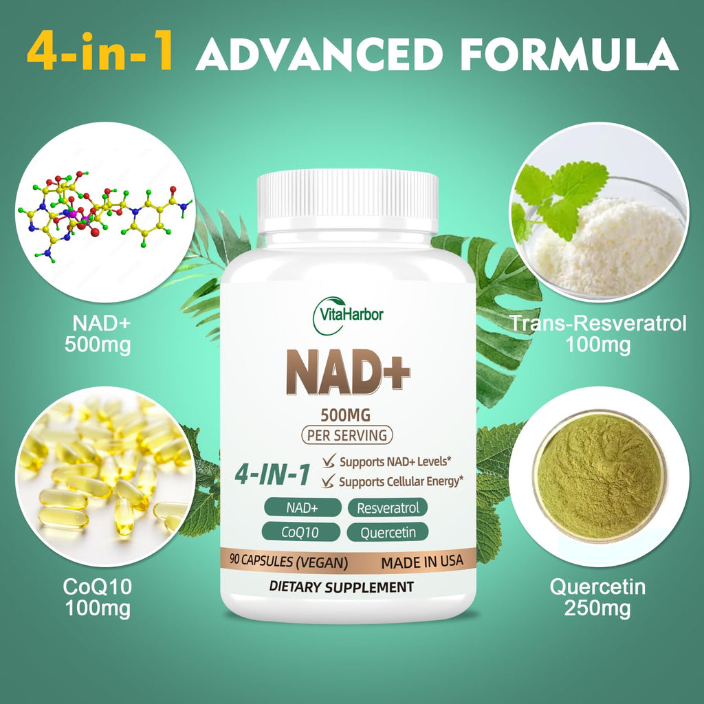 NAD Supplement 500mg, Pure Organic NAD+ Supplement for Women & Men, NAD+ with Trans-Resveratrol & CoQ10 & Quercetin for Cellular Energy & Healthy Aging, NMN Alternative (90 Vegan Caps) VitaHarborBuy Supplements Australia