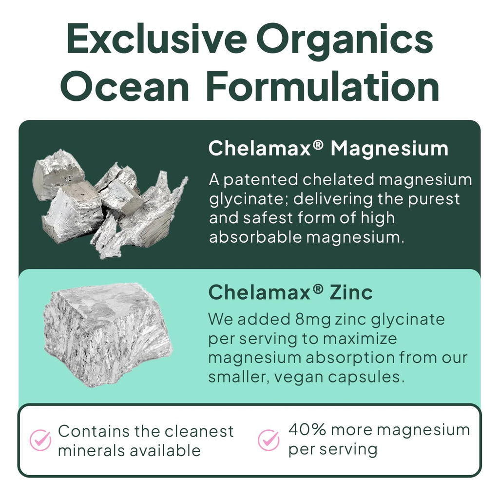 Organics Ocean Pure Magnesium Glycinate with Zinc - Maximum Strength Chelated Magnesium Supplement for Women and Men for Muscle Cramps and Sleep Support - 3 Bottles Organics OceanBuy Supplements Australia