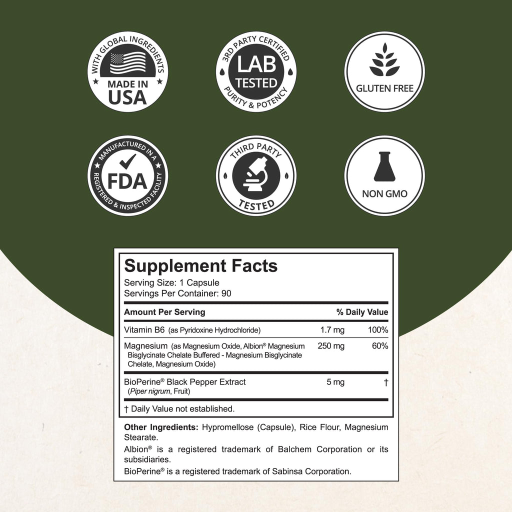 Magnesium Glycinate Chelate Complex with Albion Magnesium Bisglycinate Chelate, Vitamin B6 & BioPerine for Bone, Muscle, Natural Sleep,