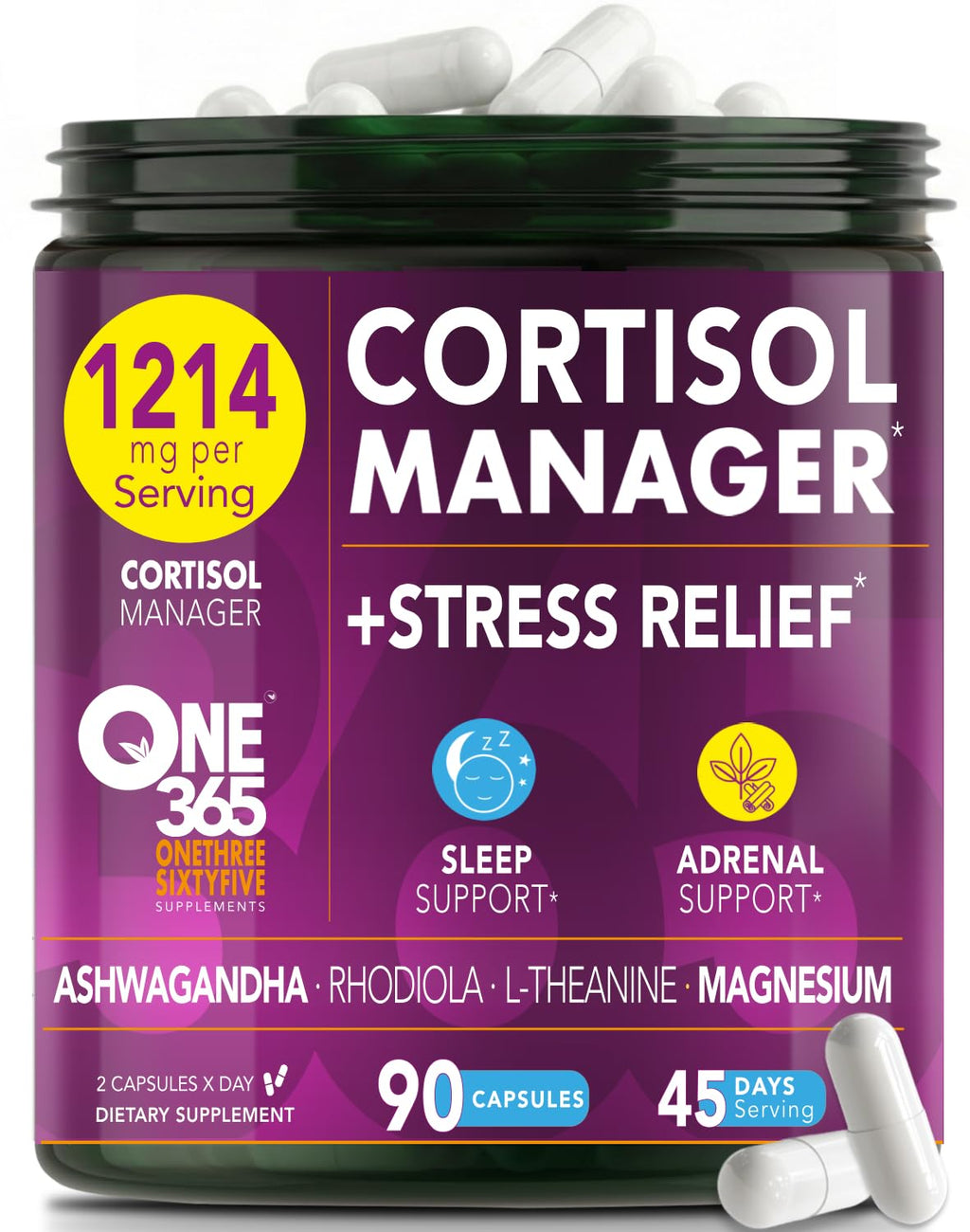 Cortisol Manager – Adrenal Support Supplement for Women & Men – Natural Stress Relief, Calm & Sleep Support – Cortisol Reducer with Ashwagandha, Magnesium, L-Theanine & Rhodiola – 90 Vegan Capsules ONE 365Buy Supplements Australia