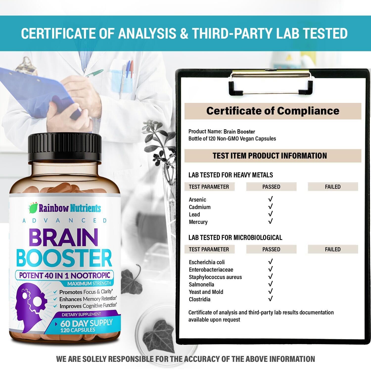 40-in-1 Brain Booster Supplements for Memory, Focus, Clarity, Energy, Performance | Natural Nootropic Brain Support Supplement with DMAE, Bacopa Monnieri & More | For Men & Women | 120 V Capsules Rainbow Nutrients, LLCBuy Supplements Australia