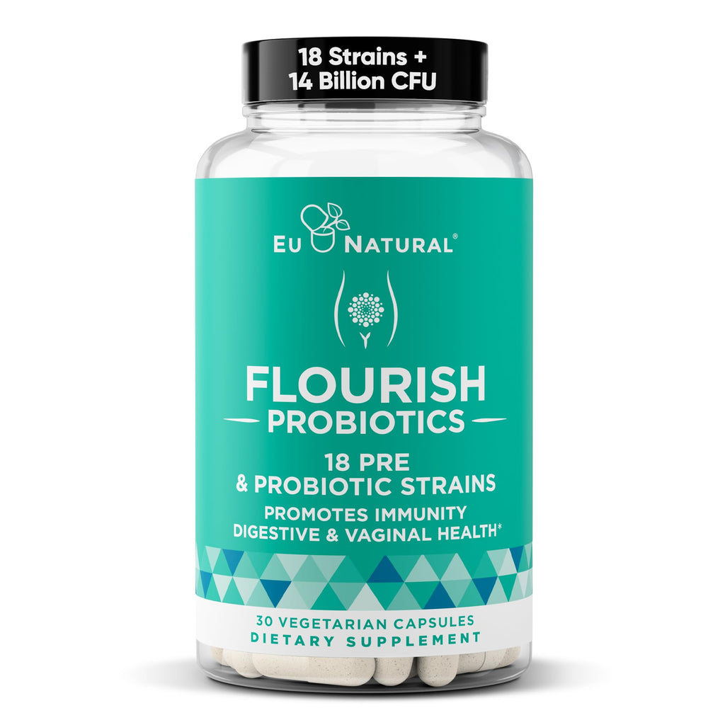 Flourish Probiotics + Prebiotics for Women - Gut and Digestion, Urinary Tract, Reduce Bloating, Vaginal Health - 18 Clinically Proven Strains, 14 Billion CFU - 30 Shelf-Stable Mini Vegan Capsules Eu Natural buy supplements Au