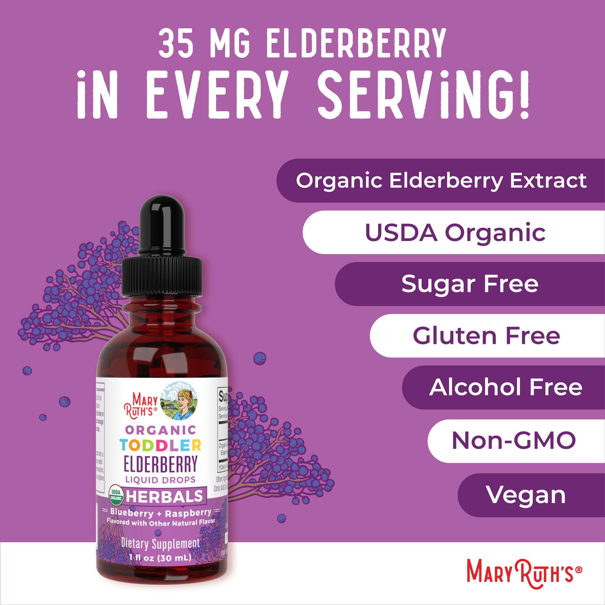 MaryRuth Organics Toddler Elderberry Syrup, USDA Organic Elderberry, Sugar Free Kids Immune Support Supplement for Ages 1-3 Years, Clean Label Project Verified®, Vegan, Non-GMO, Gluten Free, 1 Fl Oz MARYRUTH'SBuy Supplements Australia