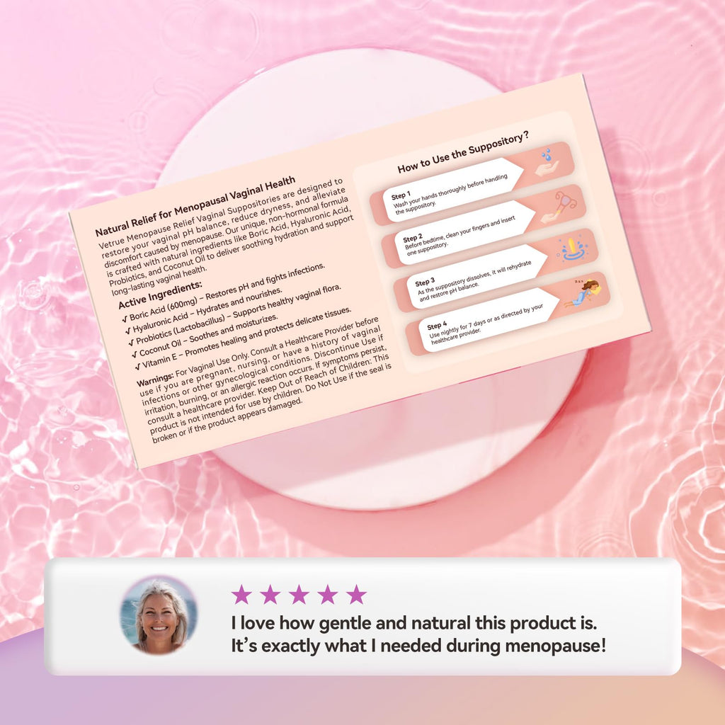 Vetrue Menopause Relief Vaginal Suppositories, Non-Hormonal, All-Natural Formula with Boric Acid, Hyaluronic Acid, Probiotics, Coconut Oil & Vitamin E, Soothes Vaginal Dryness & Discomfort(12 Inserts) vetrueBuy Supplements Australia