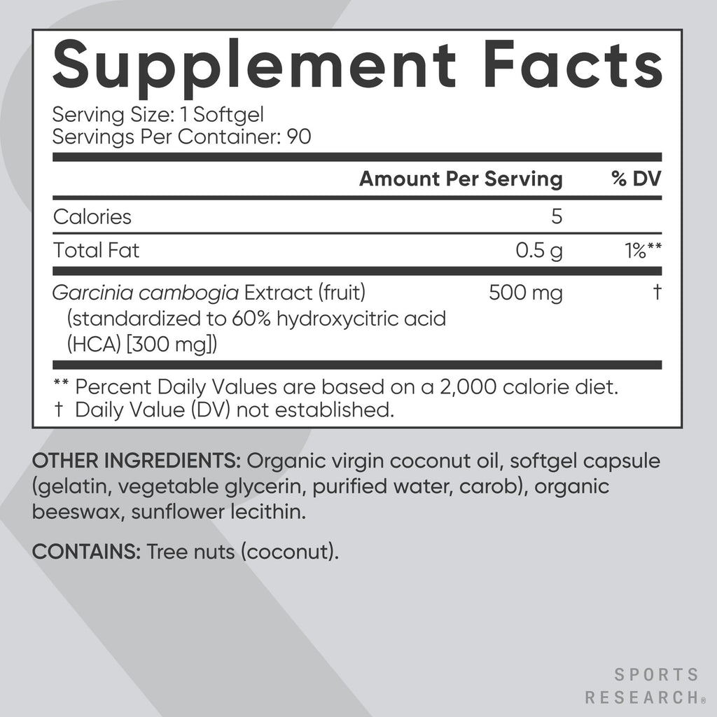 Sports Research Garcinia Cambogia Extract (60% HCA) with Extra Virgin Organic Coconut Oil | Non-GMO, Soy & Gluten Free (90 Liquid Softgels) Sports Research buy supplements Au