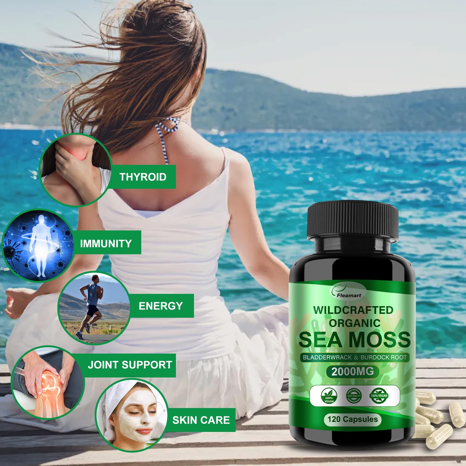 Fleamart Irish Sea Moss Capsules 120ct Raw Organic Sea Moss Wildcrafted Bladderwrack FleamartBuy Supplements Australia