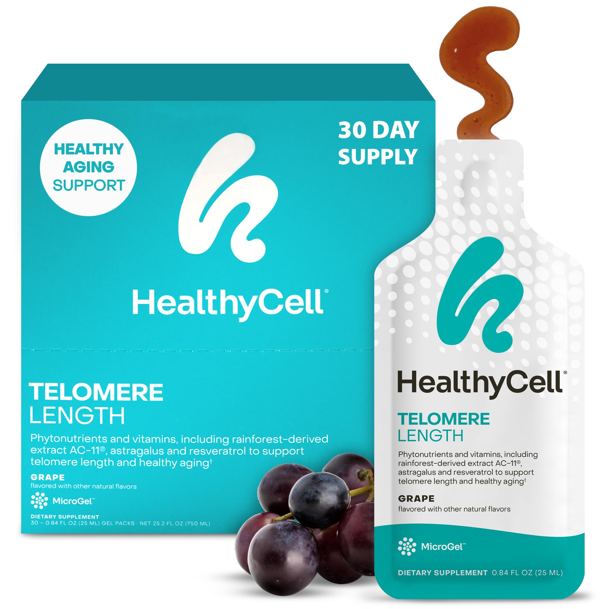 HealthyCell Telomere Length Supplement - Anti-Aging Telomere Lengthening Supplements with Phytonutrients & Vitamins for Cellular Health - AC-11, Astragalus & Resveratrol - 30 Gel Packs, Grape Flavored HealthycellBuy Supplements Australia