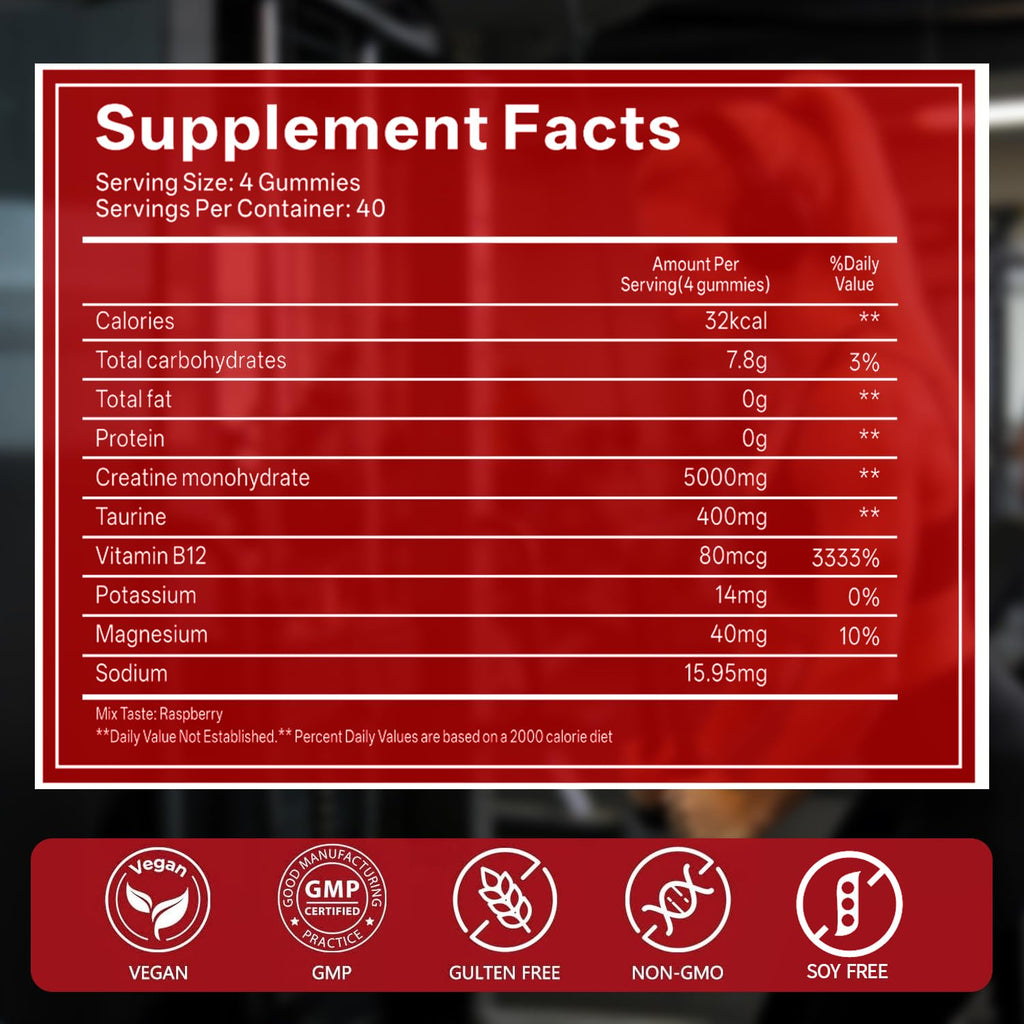 GABE SUNNYBEARS Creatine Gummies, NSF Certified, 5g Creatine Monohydrate per Serving with Taurine & B12, Raspberry Flavor, 160 Count, for Men & Women GABE SUNNYBEARSBuy Supplements Australia