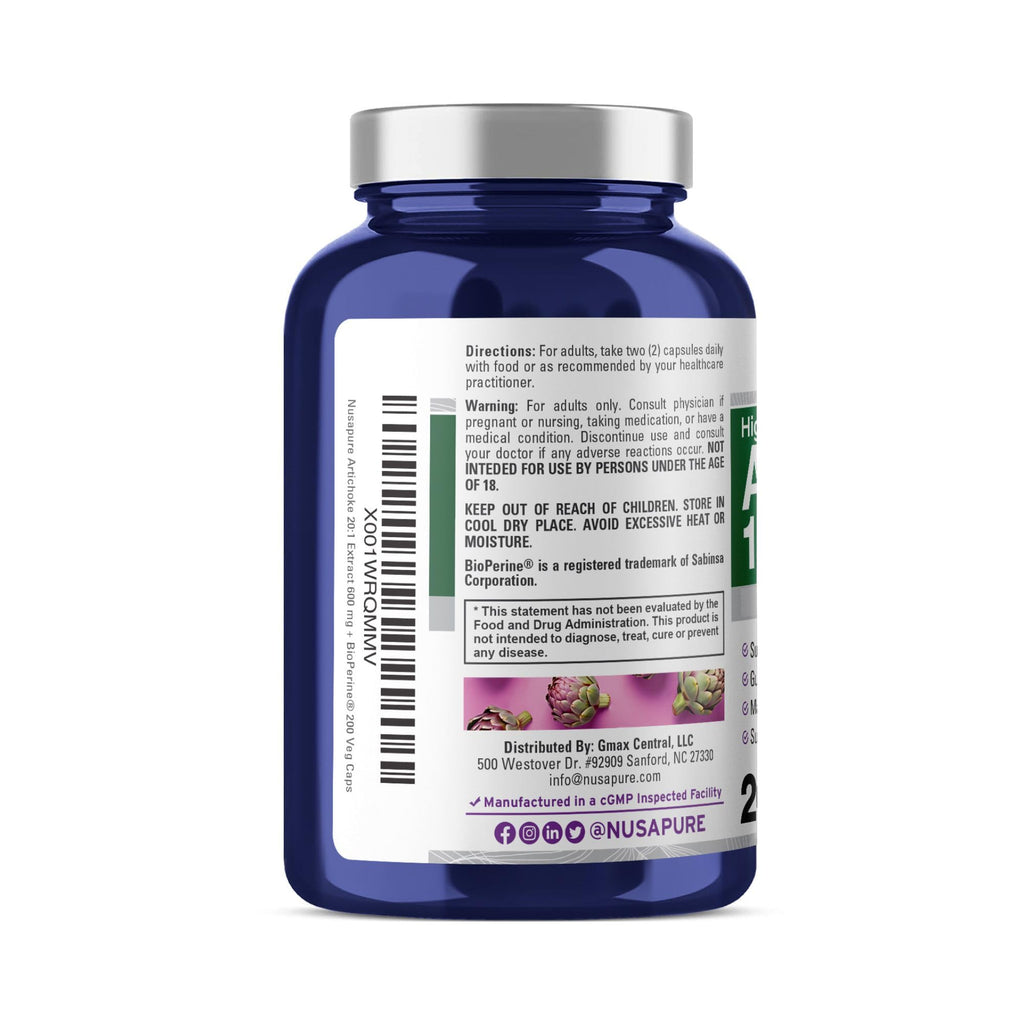 NusaPure Artichoke 20:1 Extract, 600 mg Equivalent to 12,000mg 200 Veggie caps (Non-GMO, Gluten Free) NusaPureBuy Supplements Australia