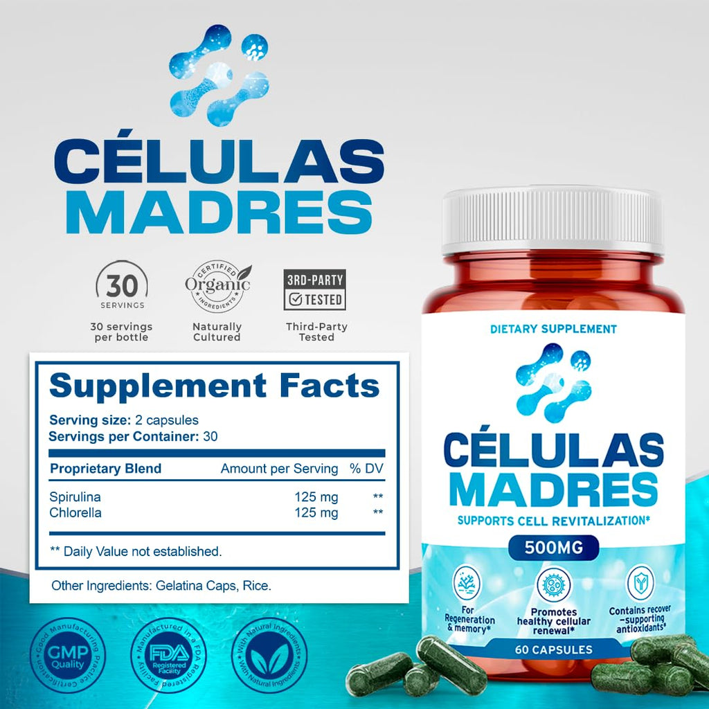 Stem Cell Supplements 500mg (60 Cap) Natural Anti-Aging & Longevity Support with Spirulina & Chlorella, Boost Cellular Renewal, Restore Youthful Energy, Reduce Joint Soreness – Celulas Madre AURA VITAMINSBuy Supplements Australia