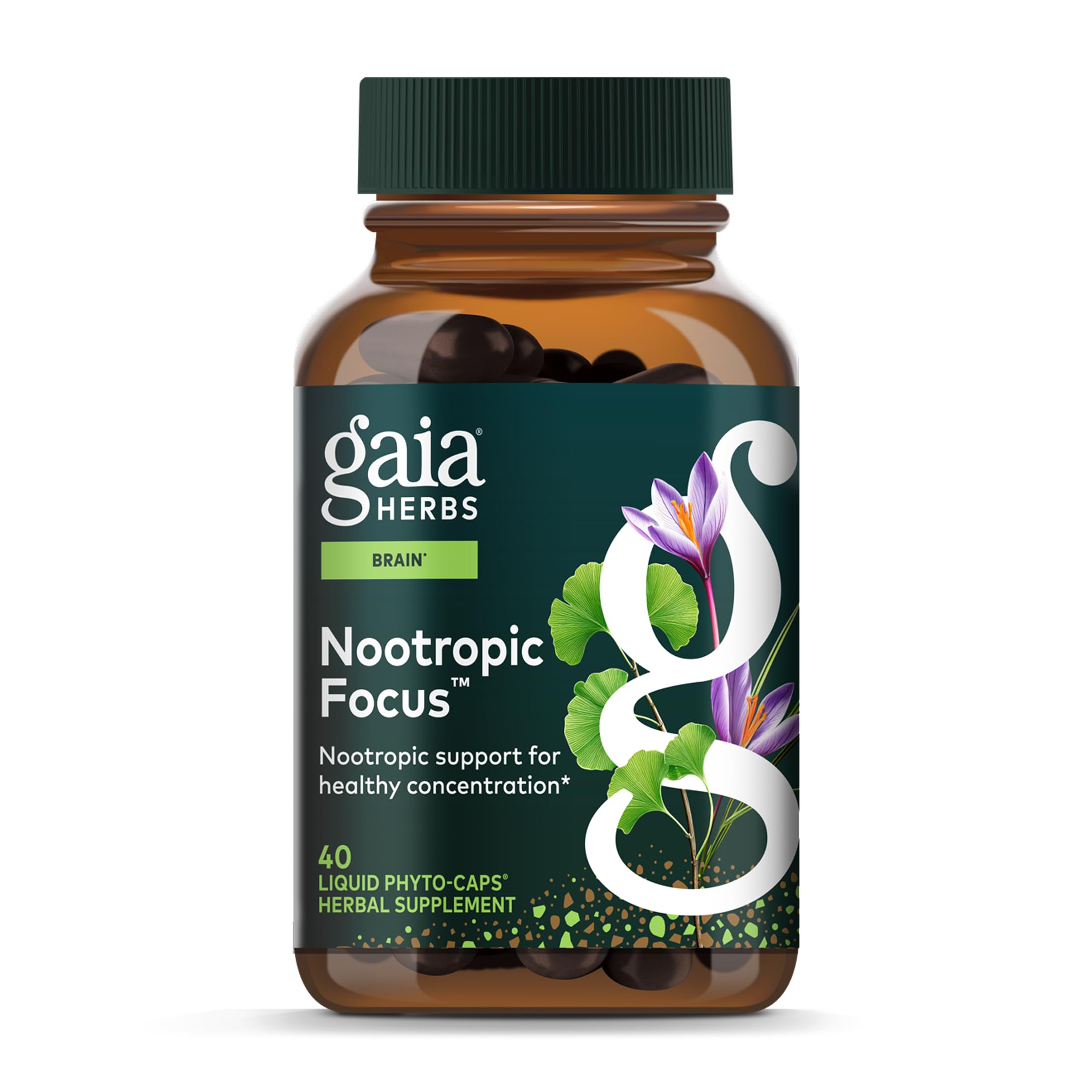 Gaia Herbs Nootropic Focus - Brain & Cognitive Support Supplement to Help Maintain Healthy Concentration* - with Saffron, Lemon Balm & Spearmint - 40 Liquid Phyto-Capsules (20 Servings) Gaia HerbsBuy Supplements Australia