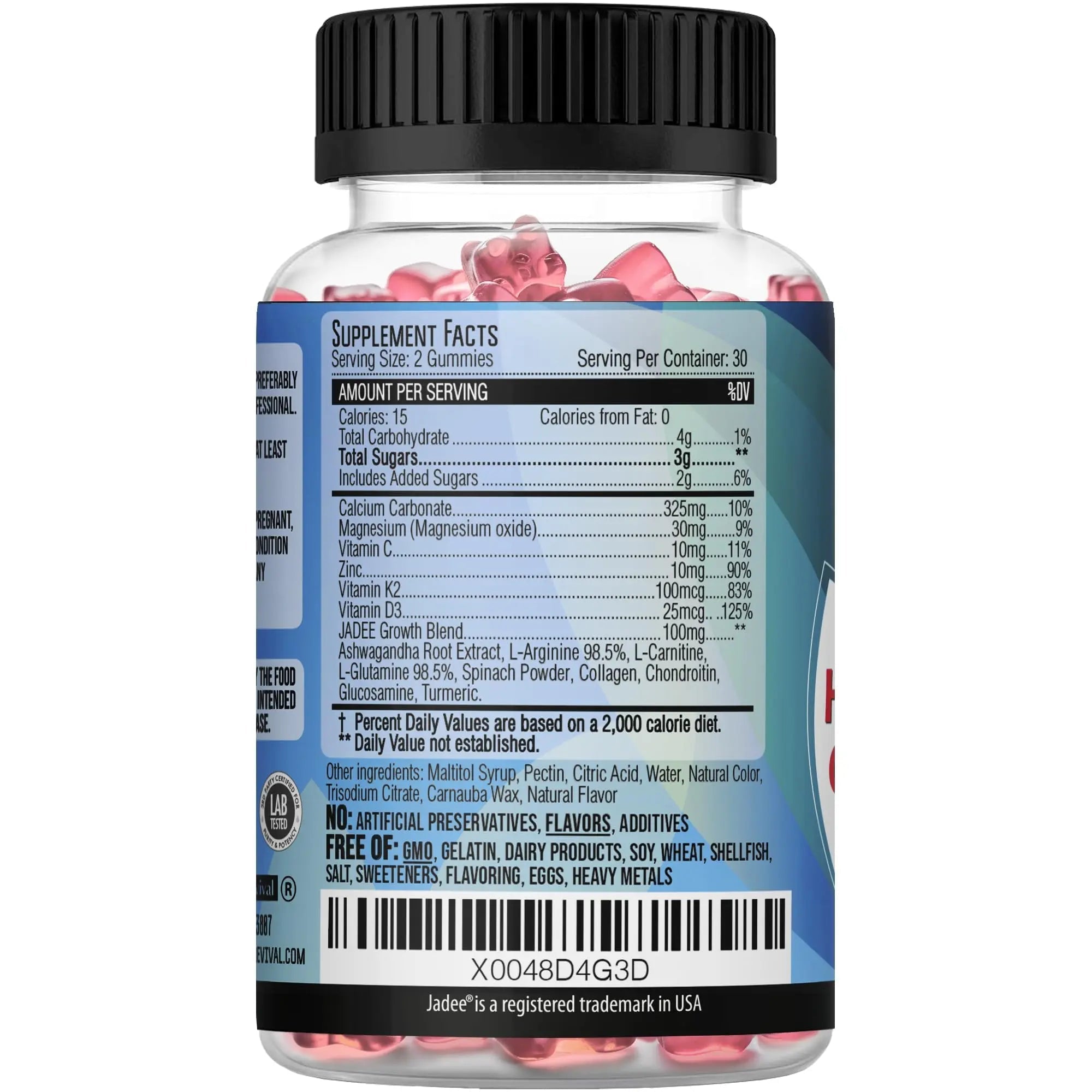 Jadee Height Growth Gummies for Teens & Kids Calcium 325mg, Teen Vitamins D3,K2,C, Magnesium, Ashwagandha, Zinc, L-Arginine Jadee