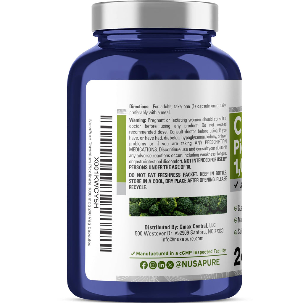 NusaPure Chromium Picolinate 1000mcg 240 Veggie Capsules (Non-GMO, Vegan) NusaPureBuy Supplements Australia