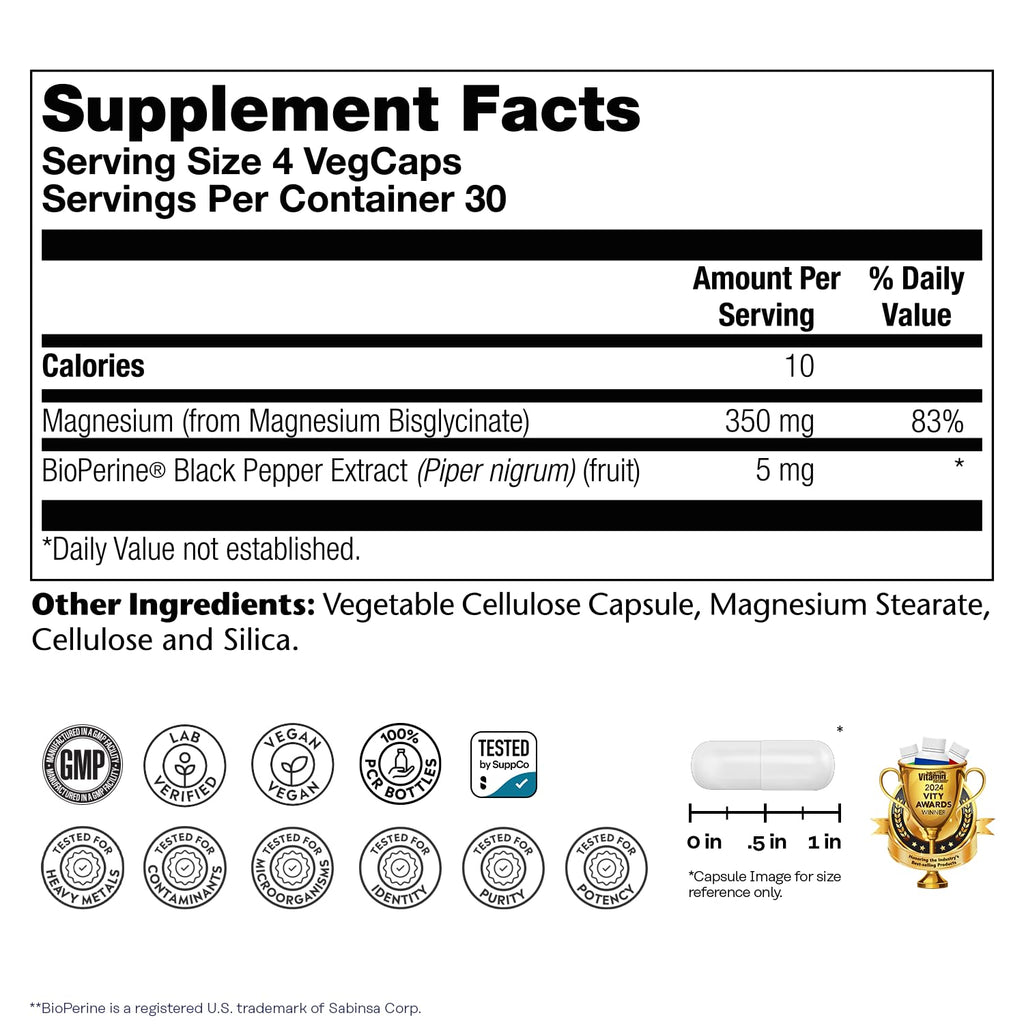 SOLARAY Magnesium Glycinate Capsules, Chelated Magnesium Bisglycinate w/BioPerine, Higher Absorption Magnesium Supplement - Bones, Muscles,