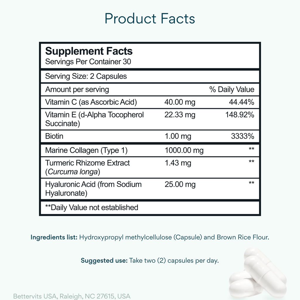Bettervits Collagen Peptides Complex with Hyaluronic Acid & Turmeric | Hydrolyzed Marine Collagen Supplements for Women & Men | Collagen with Vitamin C for Skin, Hair, Nails & Joints – 60 Capsules Bettervits buy supplements Au