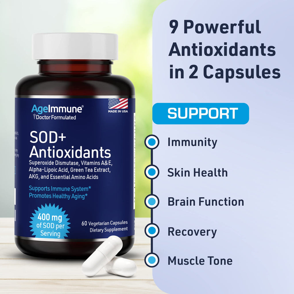 SOD Antioxidants Complex Healthy Aging Supplement - 400mg of Superoxide Dismutase - Alpha Lipoic Acid - L-Arginine -Lysine - AKG - Vitamin A - Vitamin E for Immune Support-60 Capsules AgeImmuneBuy Supplements Australia