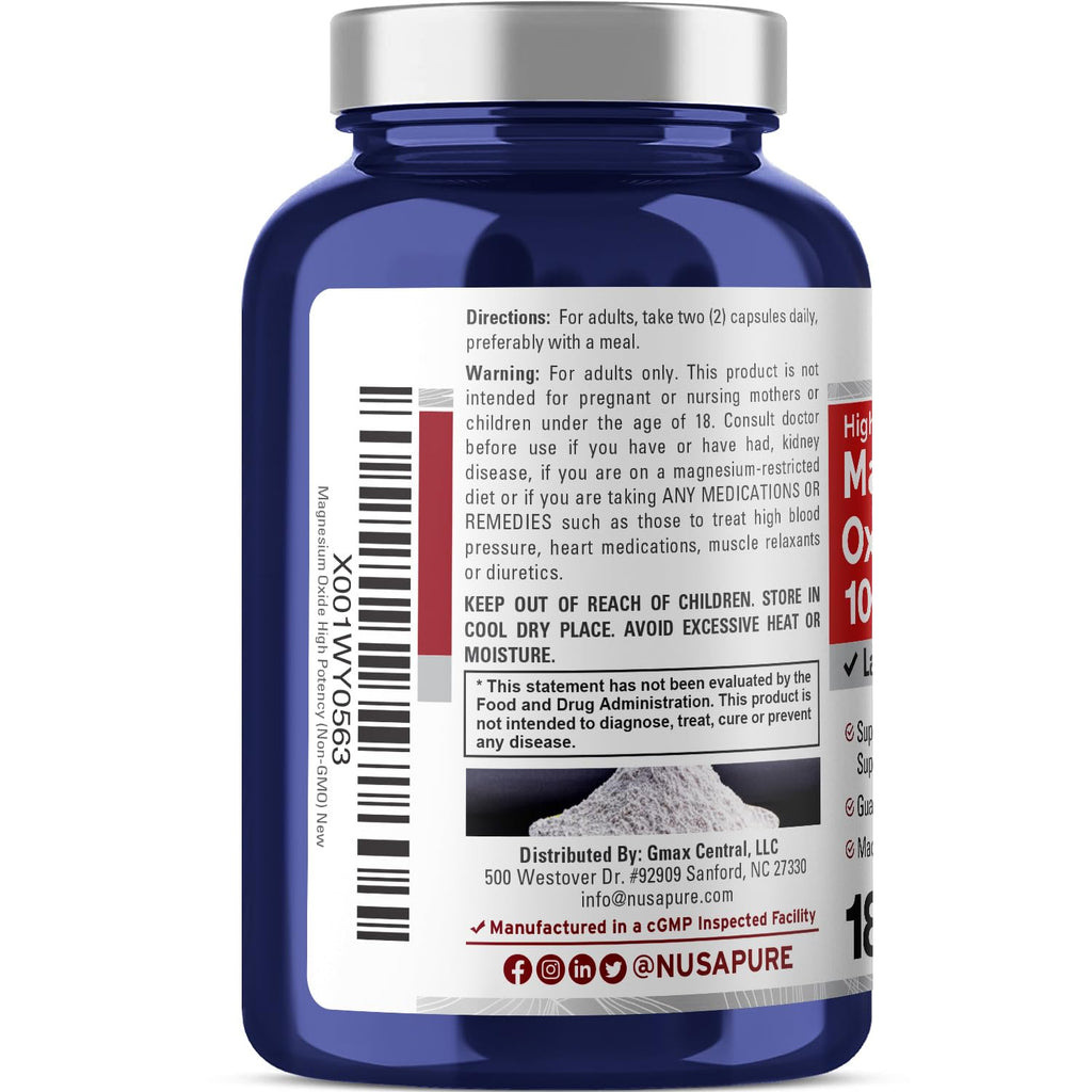 NusaPure Magnesium Oxide 1,000mg per Serving 180 Veggie Caps (Non-GMO, Vegan) NusaPureBuy Supplements Australia